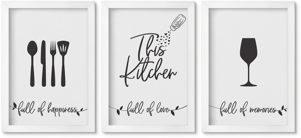 Wallfluent 3-Delige Schilderij Set - Patronen Met Opschriften Voor Keukengerei - 20 x 30 - Muurdecoratie - Wanddecoratie - Hal - Interieur Decoratie