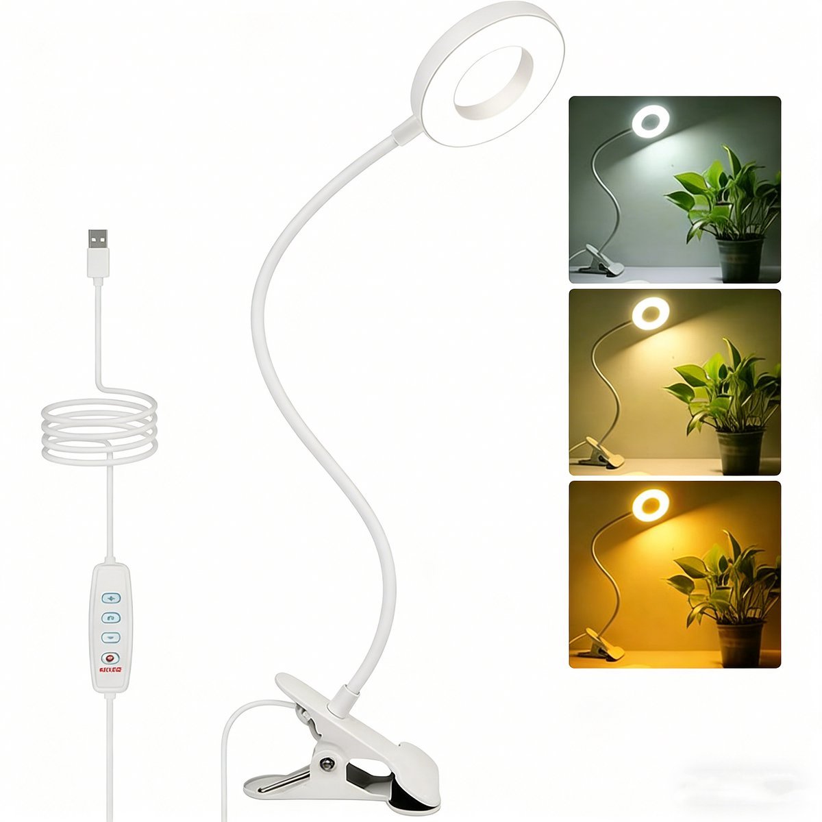 Casalora Bureaulamp LED Dimbaar – LED leeslamp – Met Klem – Opladende USB – 3 Kleurmodi – 40 cm – Wit