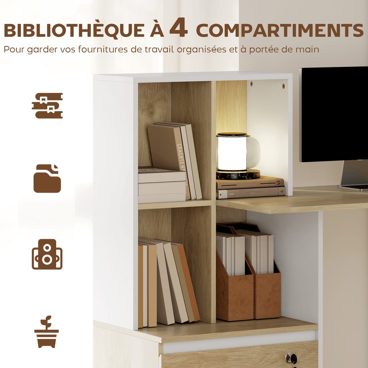 Bureau - Bureau met 1 Ladekast- Computerbureau - Computer Tafel - 126 x 50 x 109cm - Eiken en wit