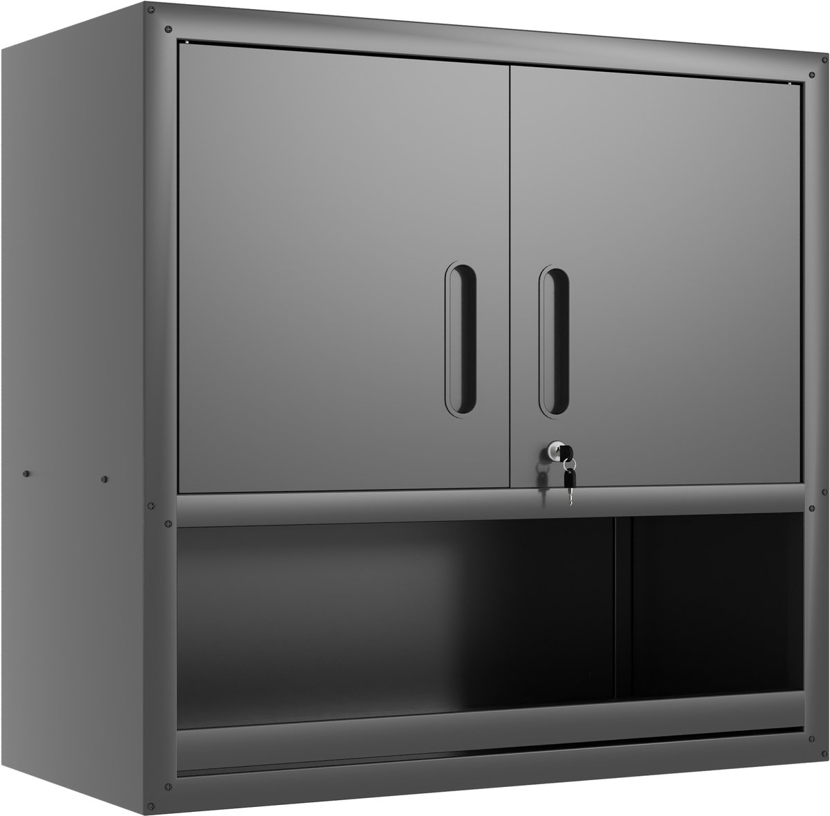 REDOM - Wandmontierbare metalen gereedschapskast - Afsluitbare dubbele deuren - Open vak en verstelbare plank - Wandmontage - Garage en kantoor - Metaal - Zwart - 75 x 30 x 77 cm