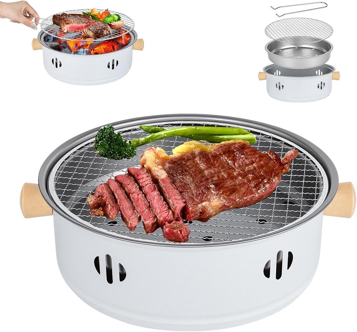 Draagbare Houtskoolgrill - Rood - 28 cm - Roestvrij Staal - Voor Binnen en Buiten