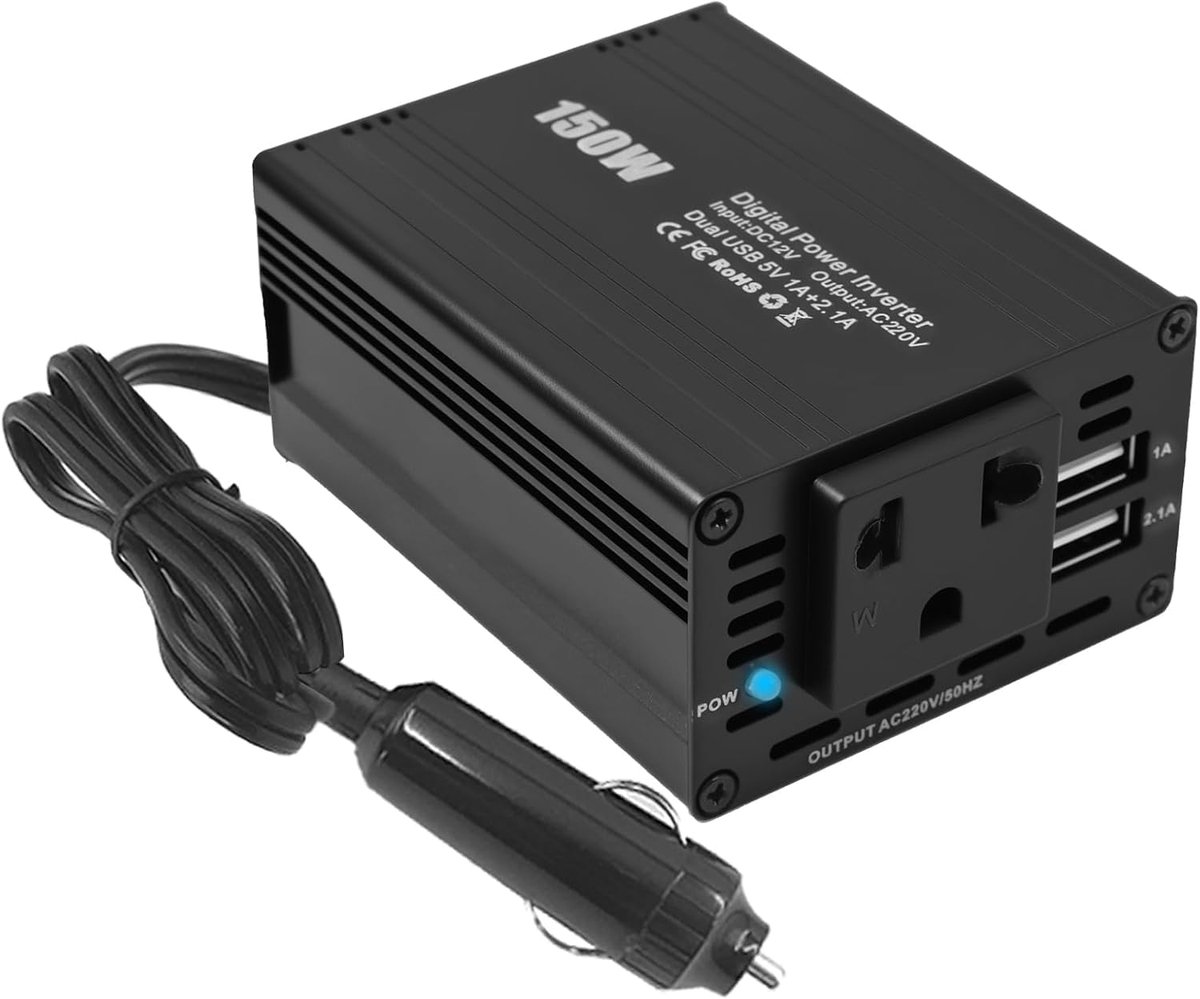 150W Car DC 12V to AC 230V Inverter with 2 USB Ports and Cigarette Lighter Ideal for Camping, Travel and Emergency - ShopVlot