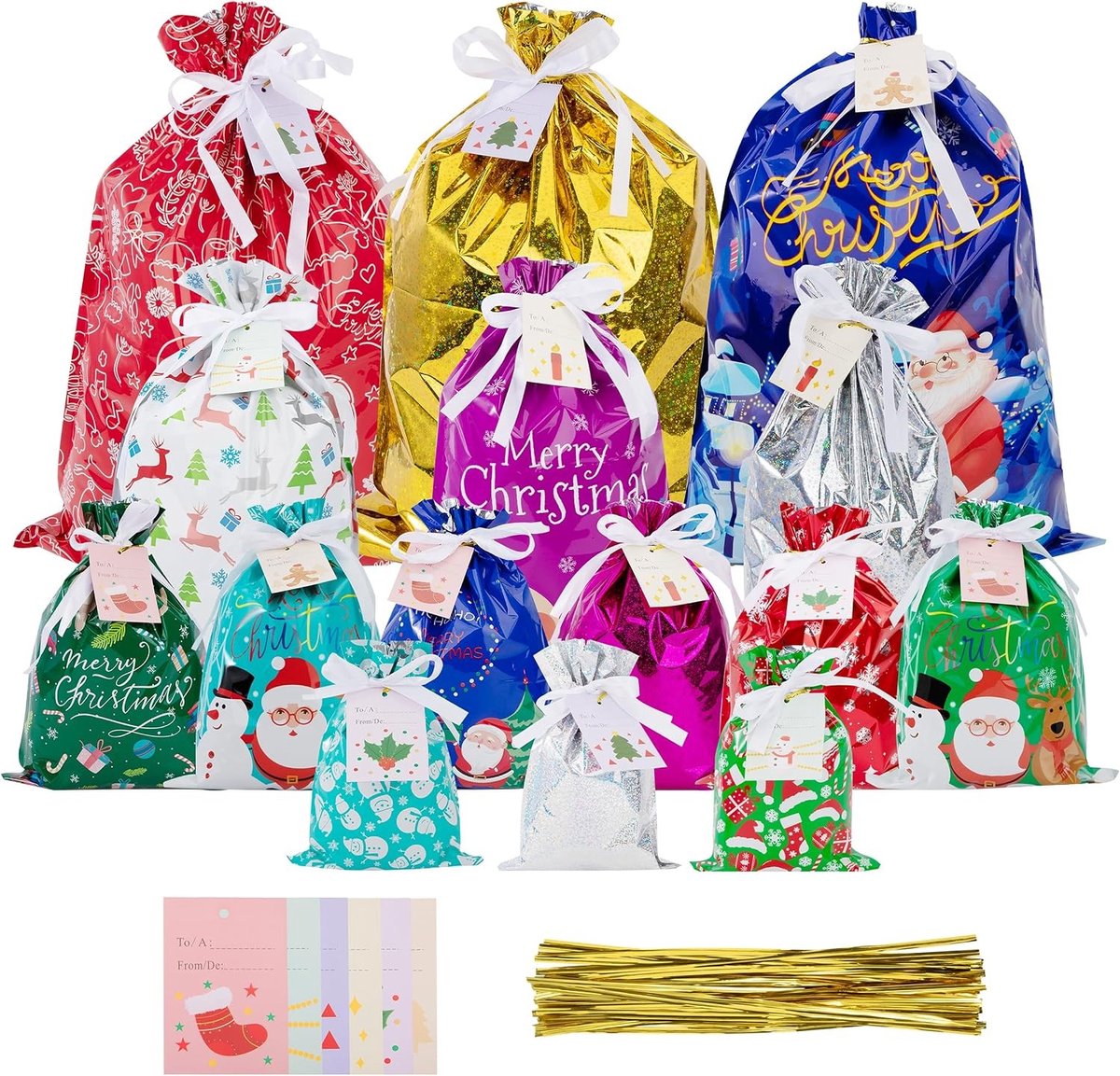 Kerstcadeauzakjes - Multicolor - 30 Stuks - Met Trekkoord en Kerstmotief - Voor Koekjes en Decoratie