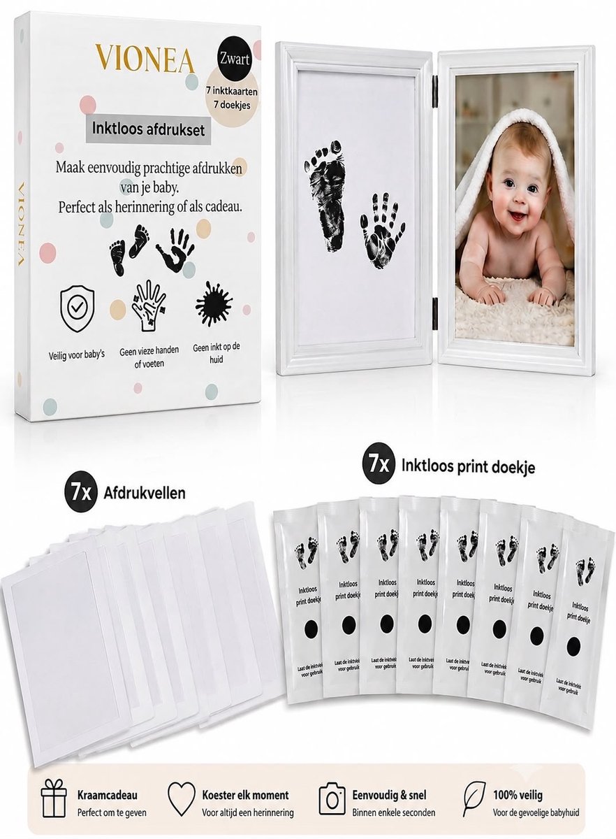 VIONEA Baby Afdrukset - Kraamcadeau -Inktloos- en 100% Veilig - Hand- en Voetafdruk - 7 Vellen - 7 Inktloos Print Doekjes - Zwart