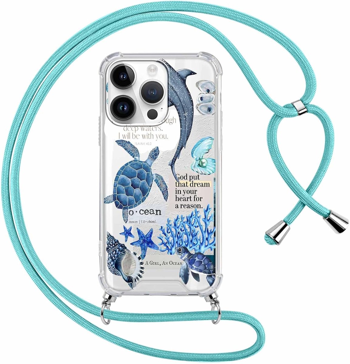 Esthetische beschermhoes voor iPhone 15 Pro met band, esthetische zomer oceaan collage patroon, transparante hoes met - ShopVlot