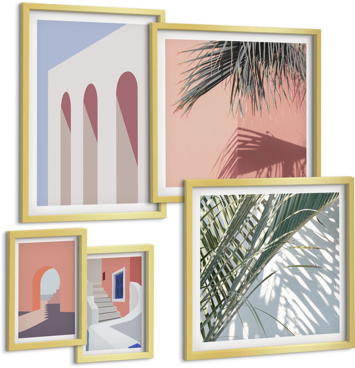 TULUP 5-Delige Schilderij Set - Illustraties van stedelijke architectuur in minimalistische stijl - 50 x 50 cm, 20 x 30 cm en 40 x 60 cm - Wanddecoratie - Schilderijen Set - Interieur - Woonkamer Decoratie Gouden lijst