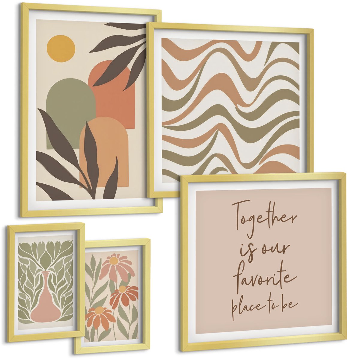TULUP 5-Delige Schilderij Set - Stijlvolle decoraties in pastelkleuren met plantmotieven. - 50 x 50 cm, 20 x 30 cm en 40 x 60 cm - Wanddecoratie - Woonkamer Decoratie - Stijlvolle Muurdecoratie Gouden lijst
