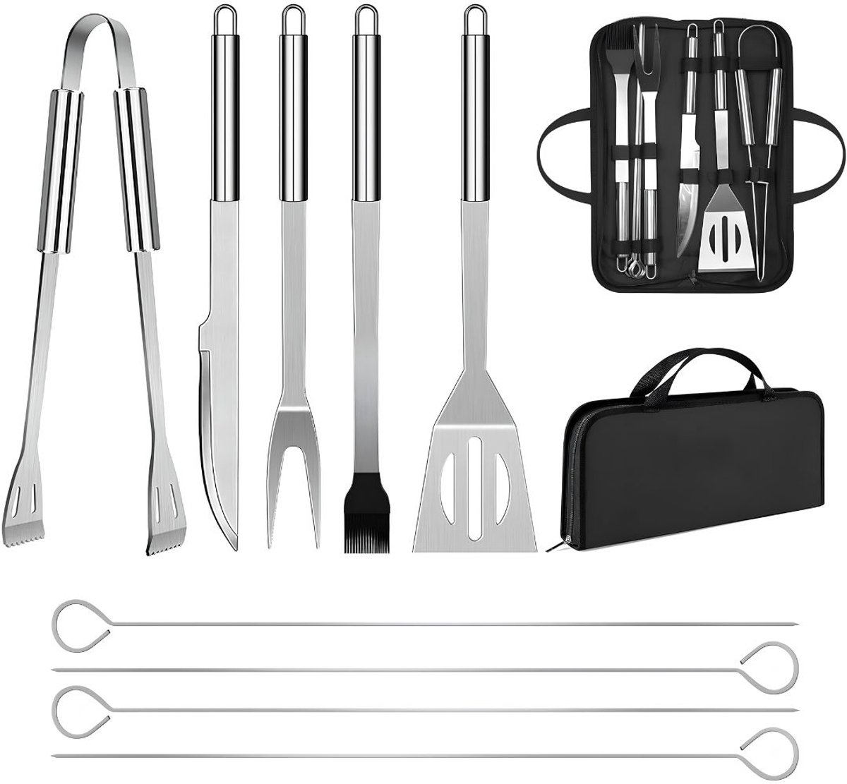 TYR® BBQ Accesoires ( Set ) - BBQ Kookgerei Set - Met Opbergtas (9) - Zilver - 39cm x 5cm x 12cm