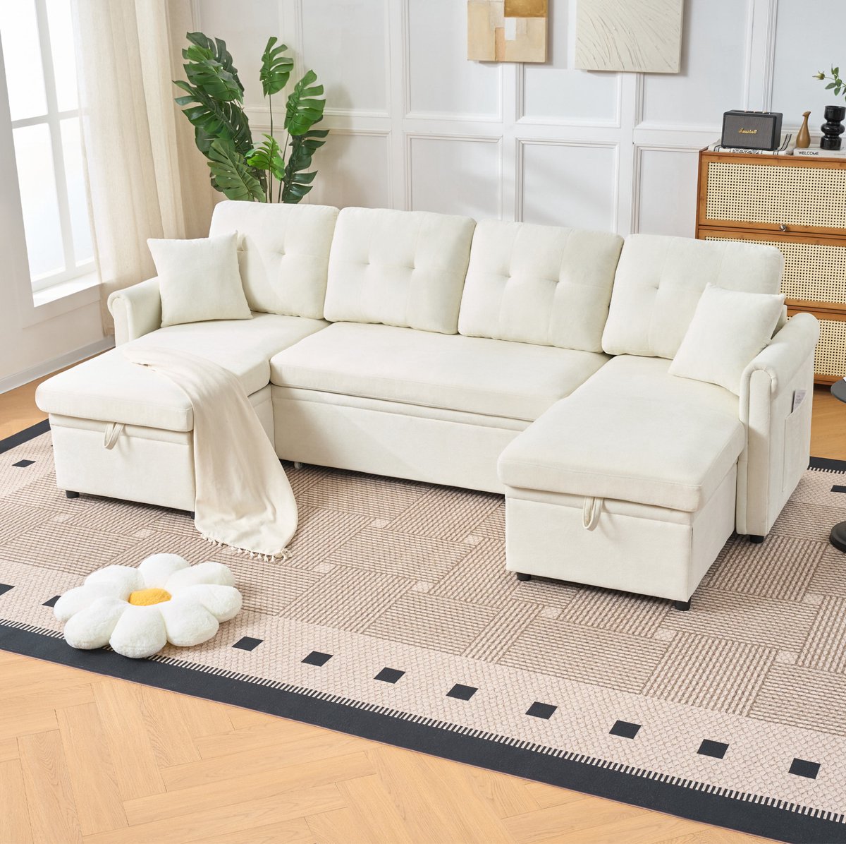 U Bank 4 Zits Met Slaapfunctie En Opbergruimte 266 X 130 X 85 Cm Voor Woonkamer En Gastenverblijf Van Chenille Beige