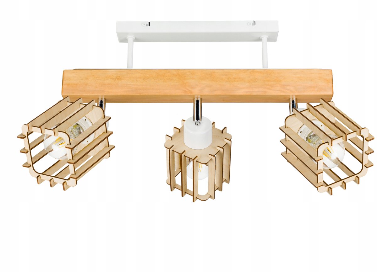 Houten Balk Plafondlamp Loft Wit E27 voor 3 Lampenkappen