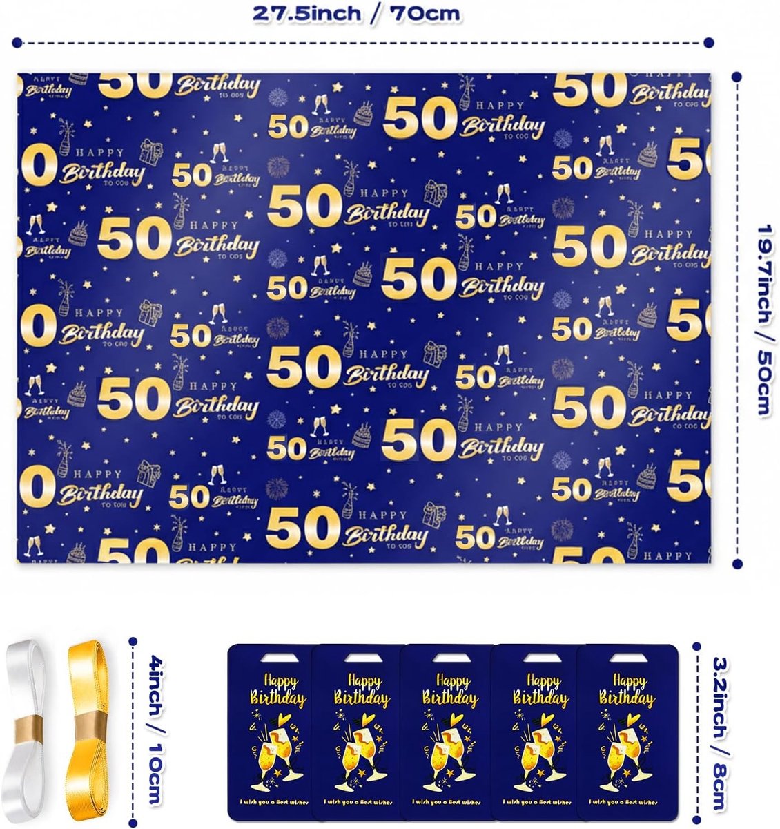 Cadeaupapier - Blauw Goud - 70 x 50 cm - Happy Birthday Inpakpapier - Voor 50e Verjaardag van Mannen en Jongens