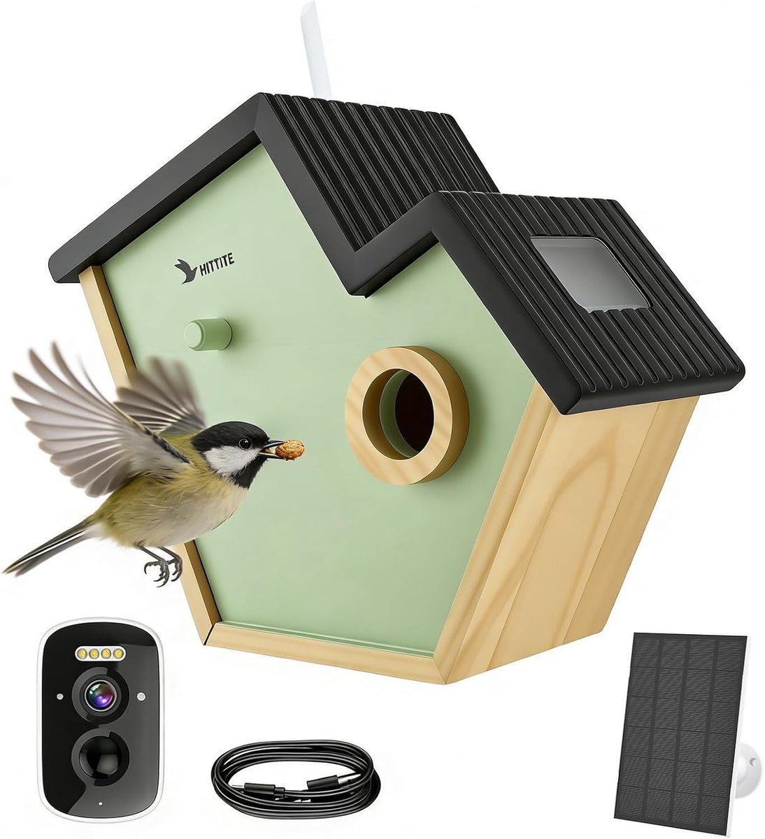 Vogelhuis met Camera - Hout - Zonne-energie - Voor Buiten Gebruik