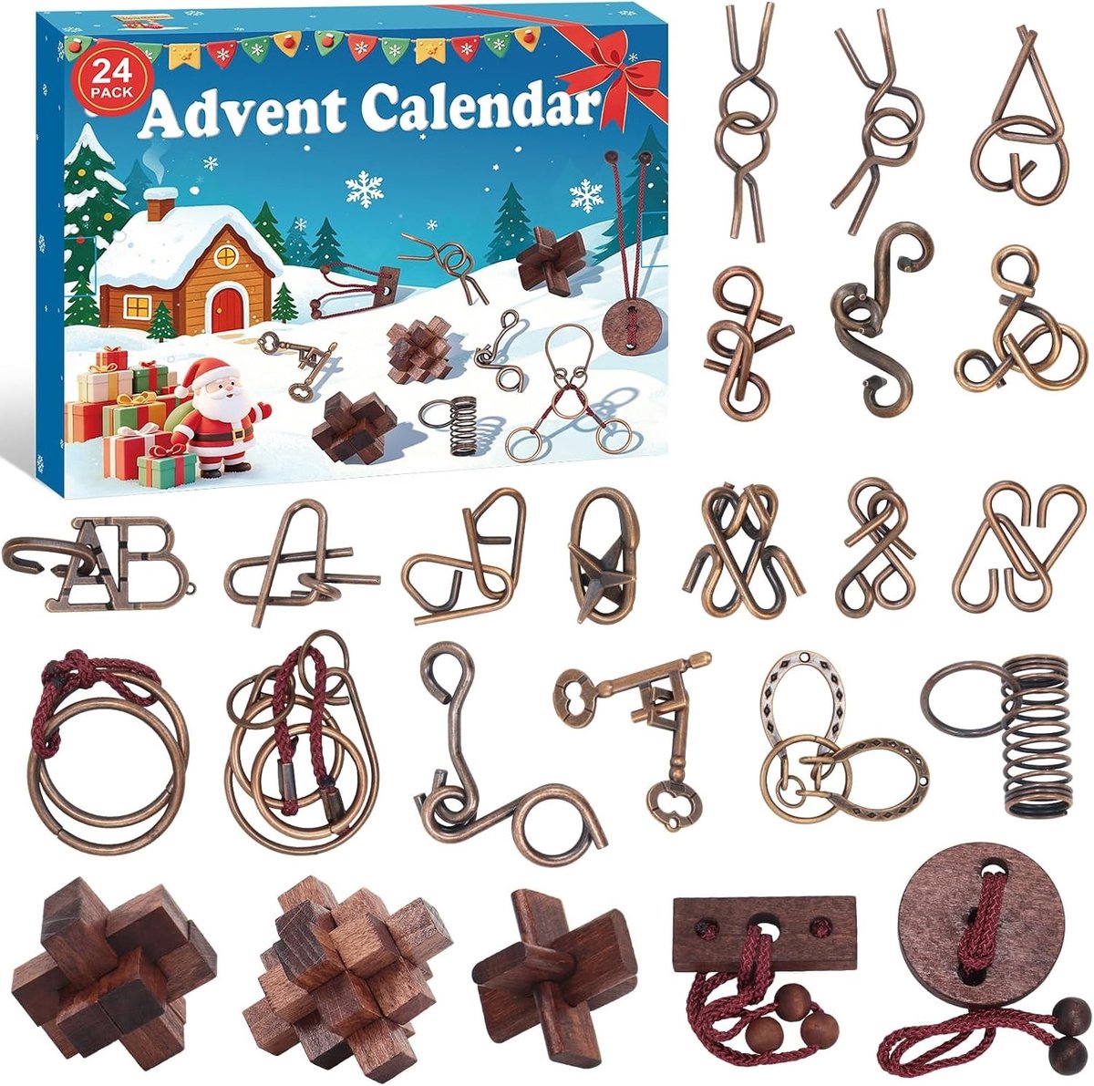 Adventskalender met Puzzels - Hout en Metaal - 24 Stuks - Educatieve Spelletjes voor Kinderen en Volwassenen