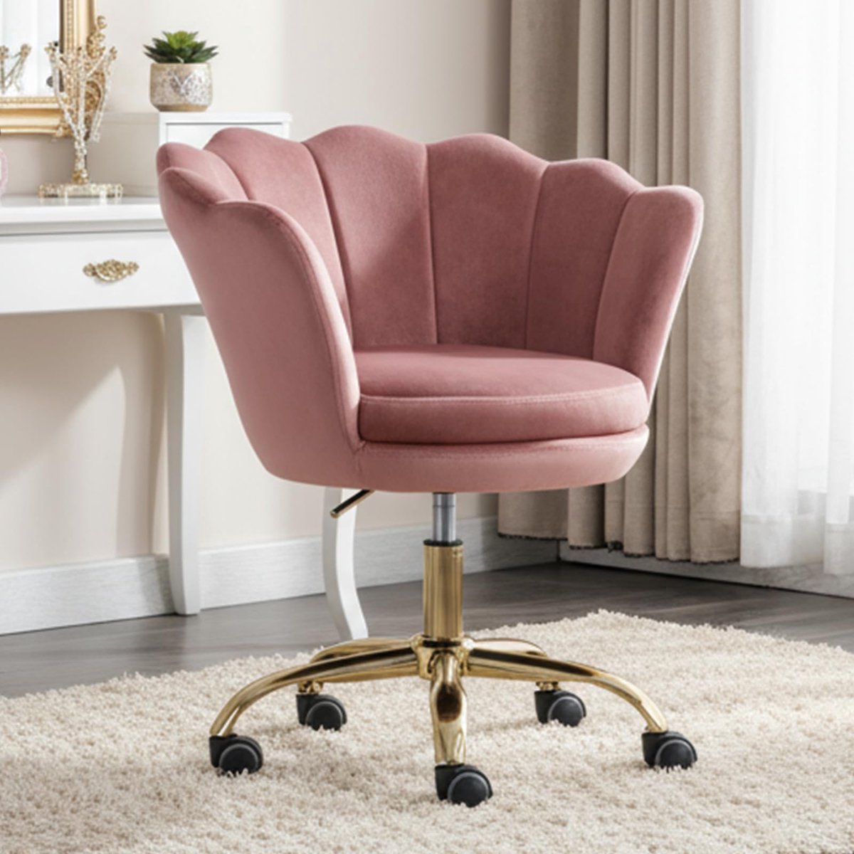 Famanu – Bureaustoel voor homeoffice, draaistoel van fluweel, in hoogte verstelbaar met bloemblaadjesrugleuning, fauteuil voor slaapkamer of kaptafel, roze