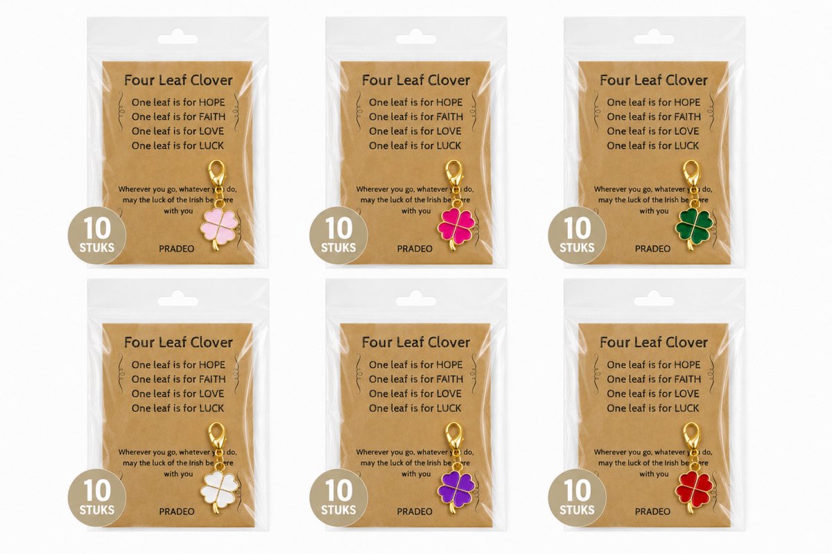 Pradeo - Klavertje Vier Sleutelhanger - Hangertje - Klavertje 4 - Four Leaf Clover - Key Chain - Pocket Hug - Geluk - Klein Geschenk - Bedankt Cadeautje - Familie, Vrienden, Collega of Meester & Juf - Met Kaartje Met Tekst - 6x10 Kleuren = 60 Stuks
