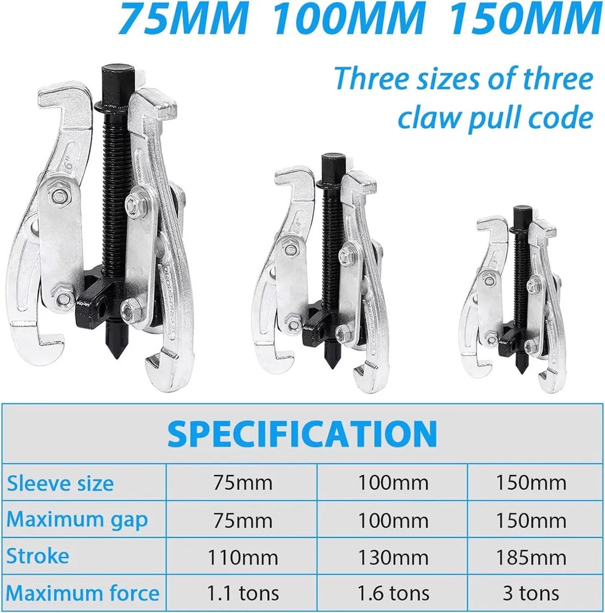 Drieklauwige lagertrekkerset, 75 mm, 100 mm, 150 mm, omkeerbare klauwen, Geschikt voor lagers, poelies en vliegwielen.