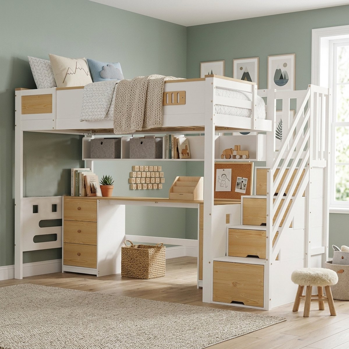 FloraGrace Hoogslaper 90x200 cm - Hoogslaper Met Bureau En Opbergruimte - Met Lades En Trap - Voor Kinderen - Hout En MDF - Wit Naturel - Zonder Matras
