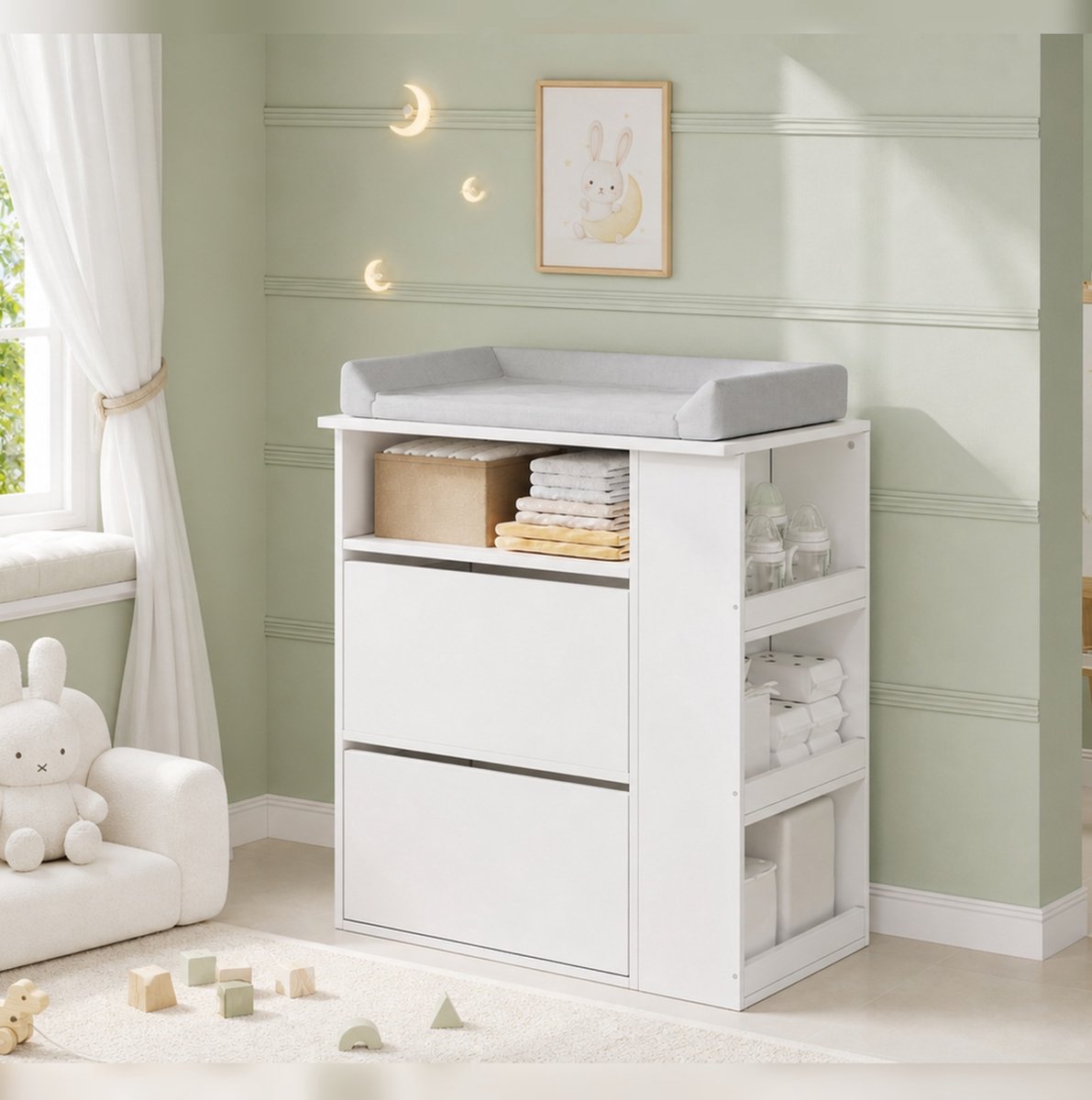 OKWISH Wickelkommode - Multifunctioneel 2 In 1 Met Afneembaar Wickelopzetstuk En Lades - Voor Babykamer - MDF Wit - 82x50x100 Cm