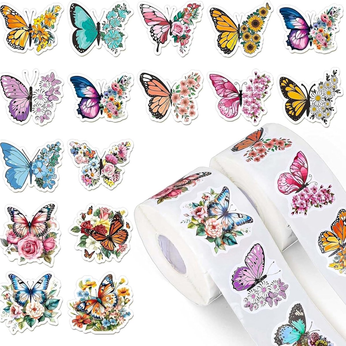 1000 stuks vlinderstickers, rol 3,2 cm, ronde stickers in 16 patronen, zelfklevende beloningsstickers voor kinderen en volwassenen, scrapbooking, waterflessen, enveloppen, feestdecoratie