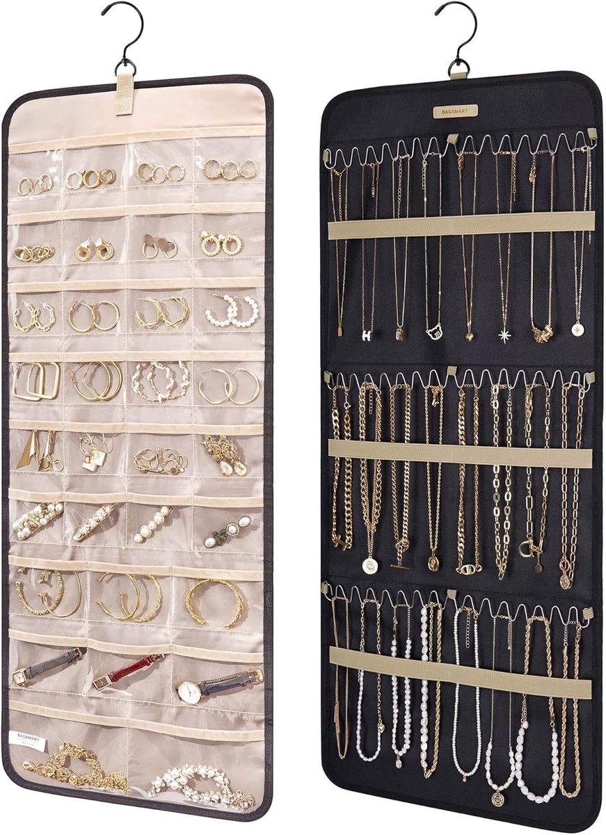 Ophangbare Sieradenorganizer - Dubbelzijdige Opbergrol met Metalen Haken voor Oorbellen Kettingen en Ringen - Grote Sieradenhouder voor Kast Muur of Deur