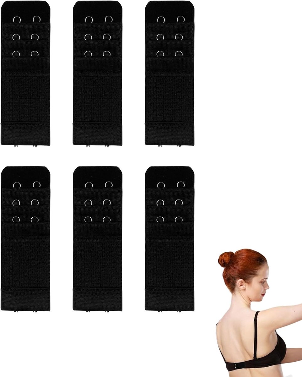 BH-verlenging, 6 stuks, 3 rijen, 2 haken, zacht, comfortabel en elastisch, geschikt voor vrouwen, zwart - ShopVlot