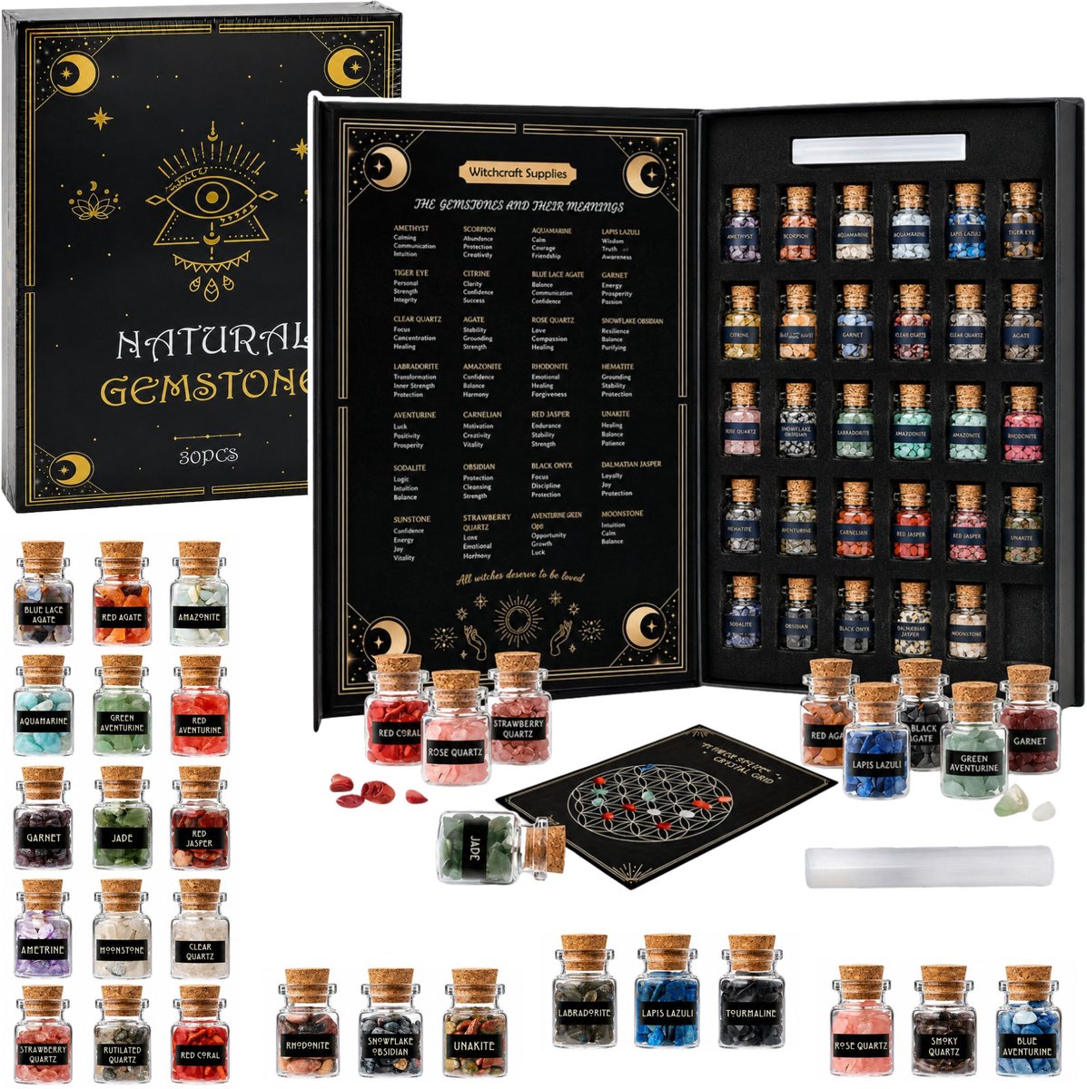 Set kristallen van mineralen en edelstenen in potten, boek 30 stuks.