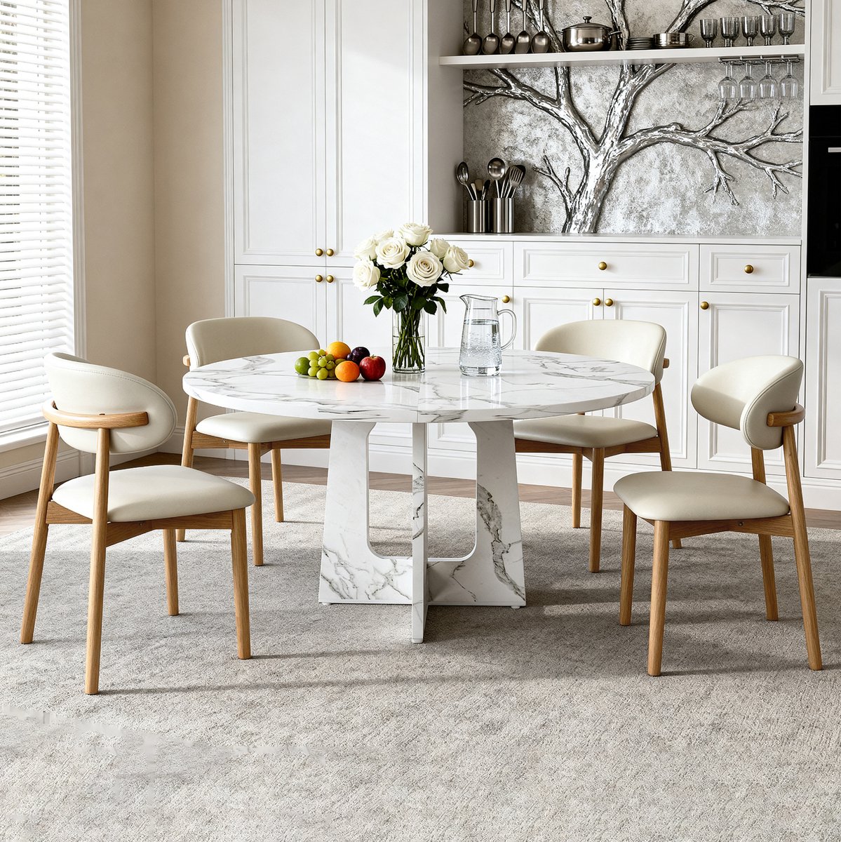 Set Tafel En Stoelen - Ronde Eettafel Met 4 Stoelen - Wit Marmerlook MDF Tafelblad - Modern Voor Eetkamer En Woonruimte - 120 Cm