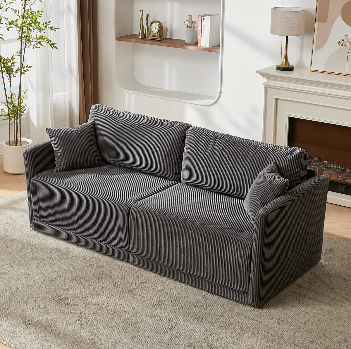 Slaapbank Met Slaapfunctie - Moderne Minimalistische 2-Zits Bank Van Ribfluweel Polyester - Voor Woonkamer, Kantoor En Studio - Grijs
