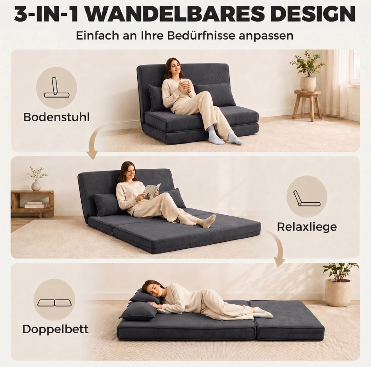 Slaapbank Vloerbank 3 In 1 Met Verstelbare Rugleuning En Kussens Voor Woonkamer En Logeerkamer Ribstof Donkergrijs