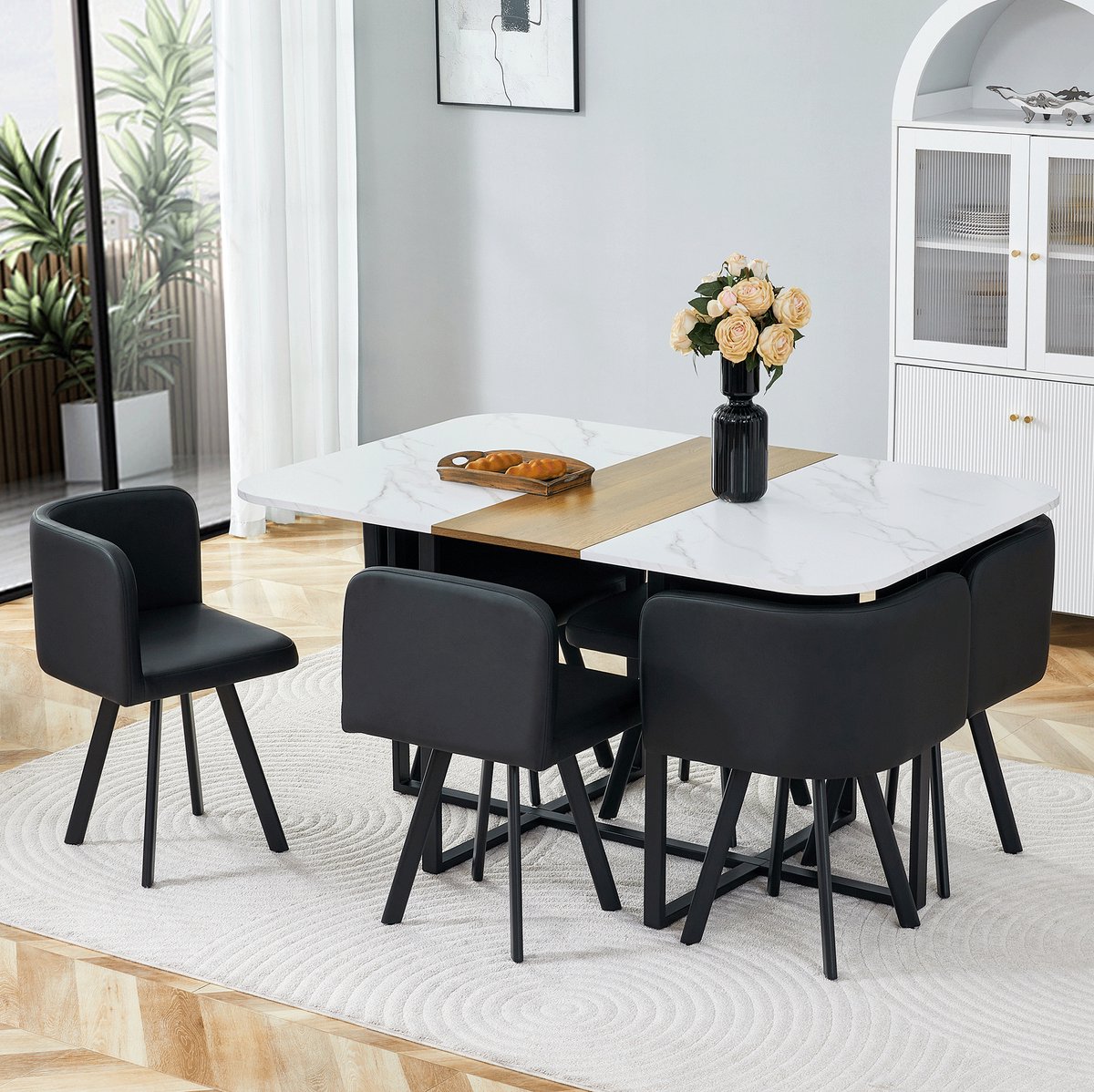 HAUSS SPOLE Set Tafel En Stoelen - Uitschuifbare Eettafel Met 6 Stoelen En Opbergbaar Onder De Tafel - Modern Voor Keuken En Woonkamer - Hout En Metaal - 150 X 100 X 79 Cm - Wit Zwart