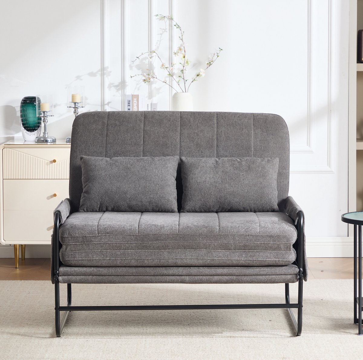OKWISH Slaapbank 2-Zits 104 Cm – Met Slaapfunctie, Metalen Frame En Opbergtassen Aan De Zijkant – Voor Woonkamer, Thuiskantoor En Logeerkamer – Chenille – Grijs