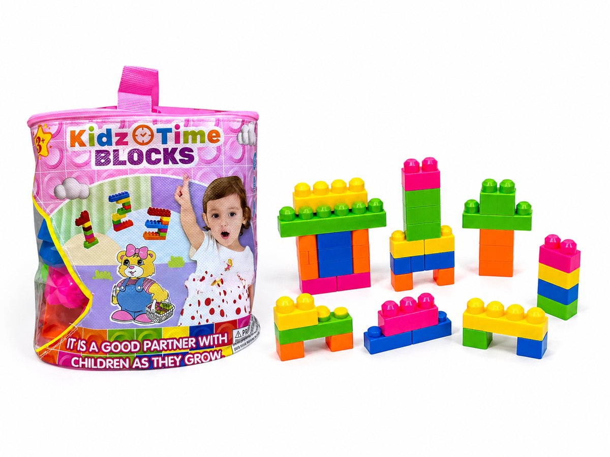 Kidz Time Blocks Toys - 30 stuks Bouwblokken - Bouwstenen voor Peuters - in een mooi Opbergtasje