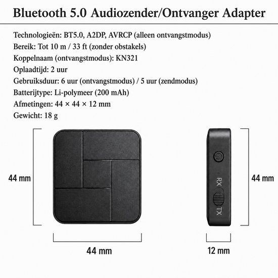 Bluetooth Transmitter Receiver 2-in-1 - Draadloze Audio Zender en Ontvanger - 3.5MM AUX / RCA - BT 5.0 - Zwart — afbeelding 2