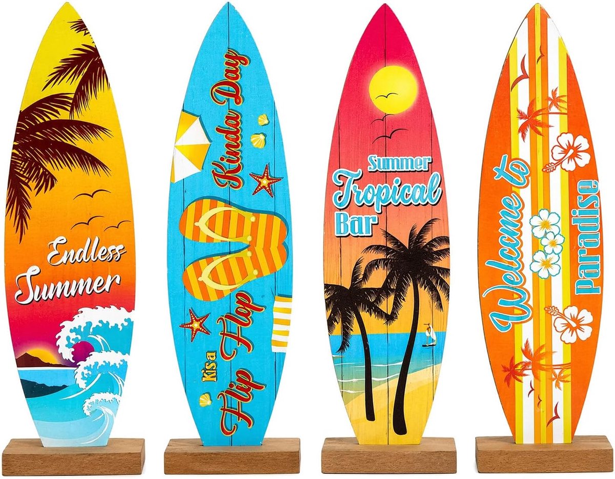 Summer Surfboard Wooden Figure, 4-Piece Decoration Set for Beach Bar, Living Room and Pool Decoration, Handmade Surf - ShopVlot