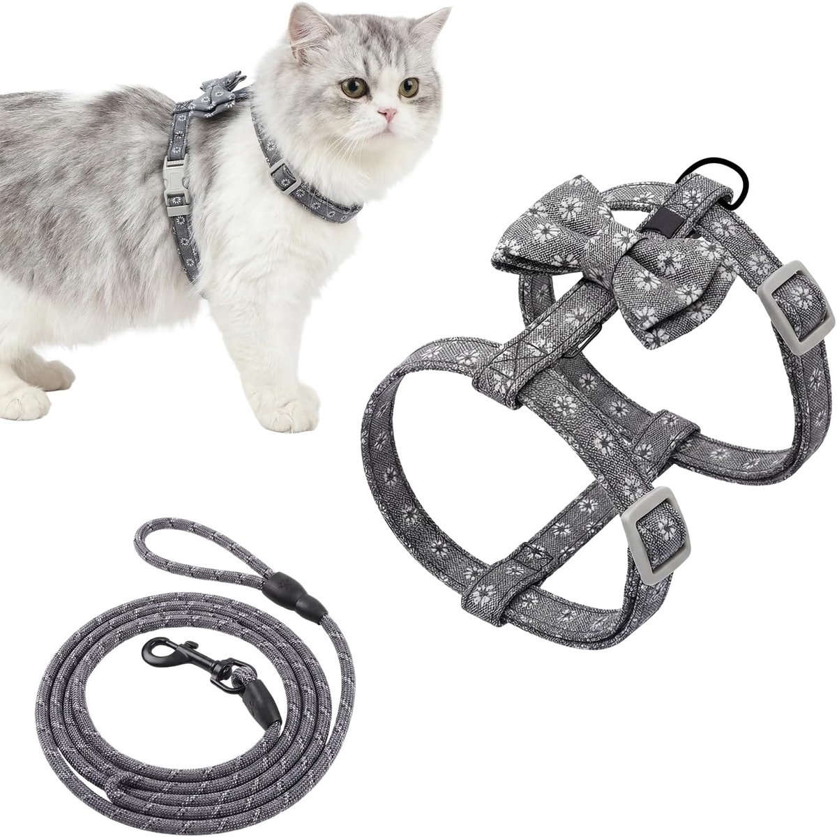 Cat Harness with Strap, Shatterproof and Adjustable Kitten Harness, Breathable Chest Harness in Grey with Floral - ShopVlot