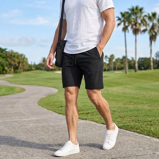 Zwarte golfbroek heren zomerbroek casual pakbroek elastische taille met trekkoord ritszakken lichtgewicht ademend hoog elastisch comfort short maat XXL — afbeelding 3