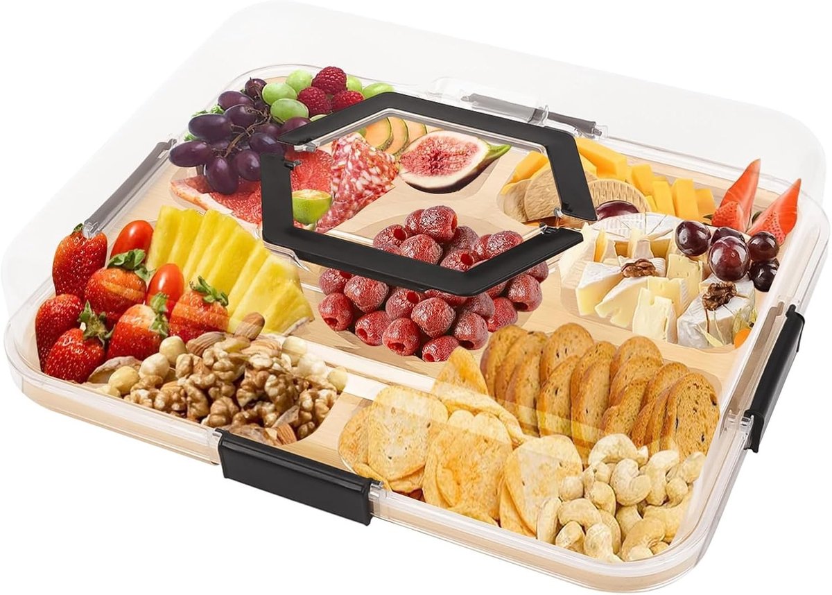 Snackbox Organizer - 5 Vakken - 35,7 x 28,1 cm - Bamboe met Transparant Deksel en Handvat - Voor Snacks en Charcuterie