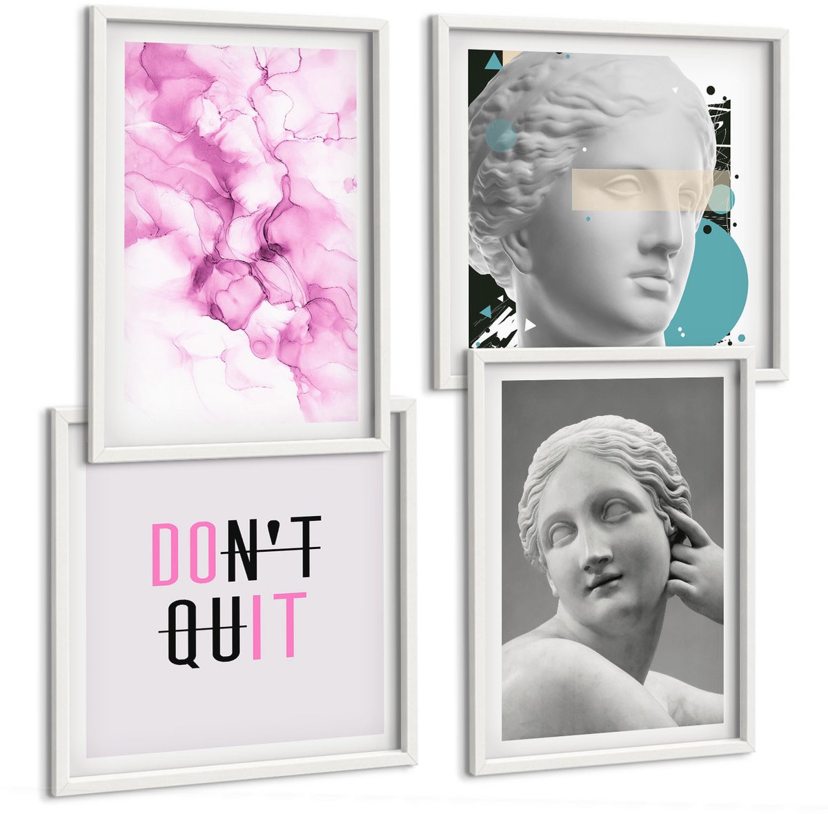 Tulup 4-Delige Schilderij Set - Aquarel Abstracte Inspirerende Slogan Antieke Beelden - 40x40 en 40x60 - Muurdecoratie - Schilderijen Set - Woonkamer - Decoratieve Schilderijen