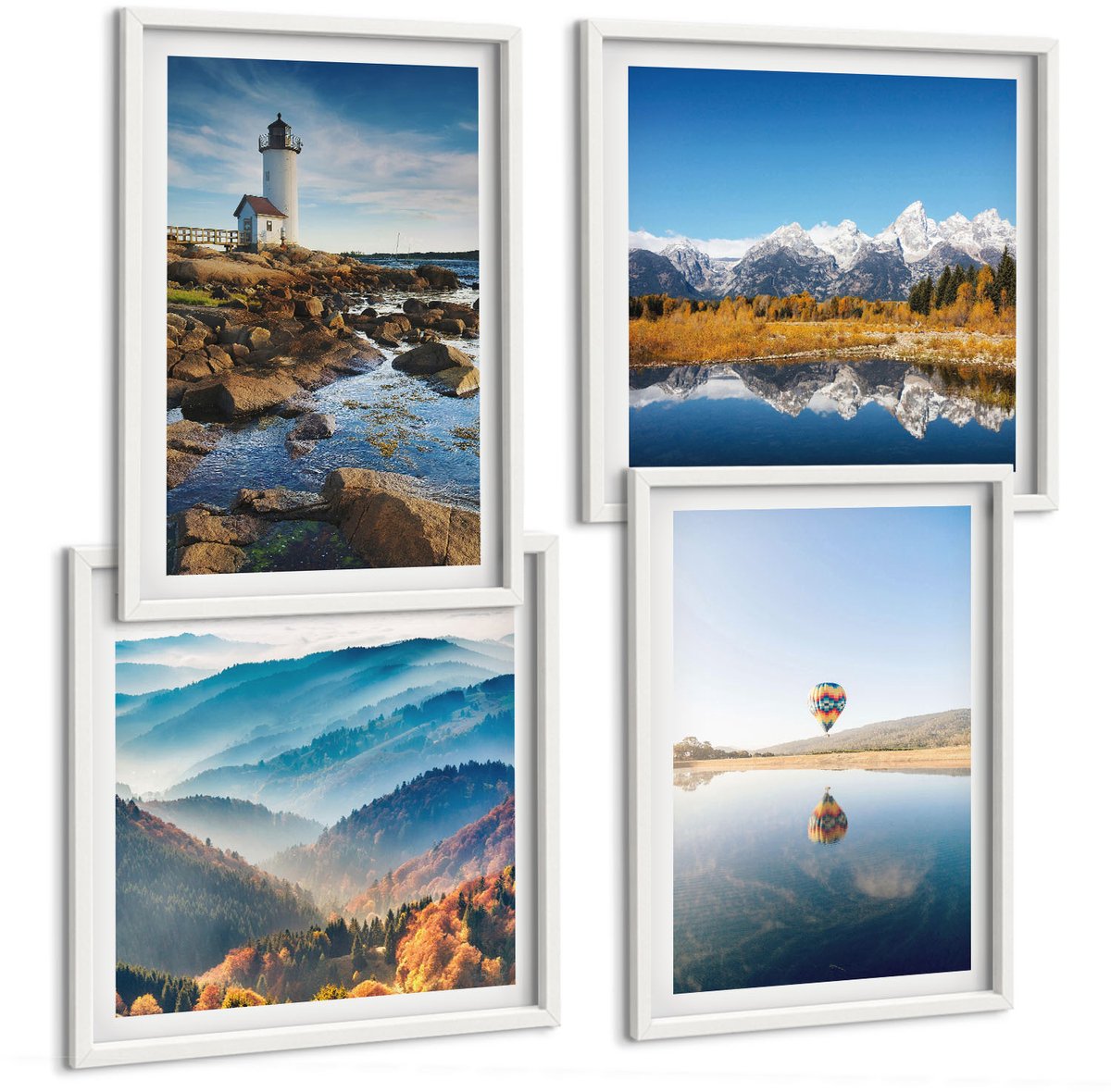 Tulup 4-Delige Schilderij Set - Uitzicht op de natuur met een vuurtoren, bergen, een meer en een ballon. - 40x40 en 40x60 - Stijlvolle Muurdecoratie - Slaapkamer - Decoratieve Schilderijen