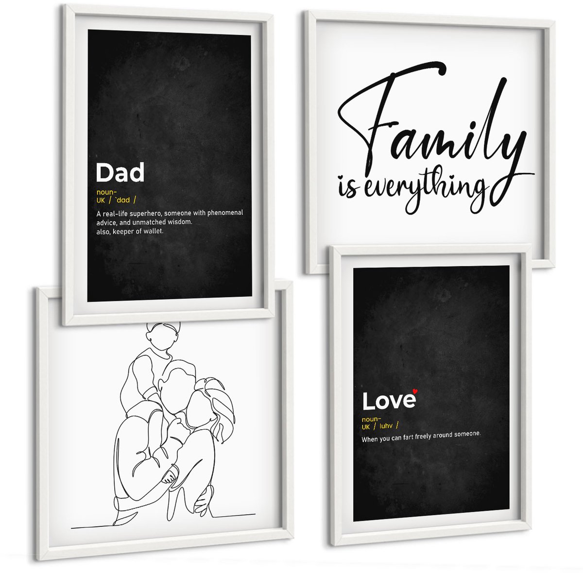 Tulup 4-Delige Schilderij Set - Familielijnkunst met definities van liefde en vaderschap. - 40x40 en 40x60 - Stijlvolle Muurdecoratie - Kantoor - Woonkamer Decoratie