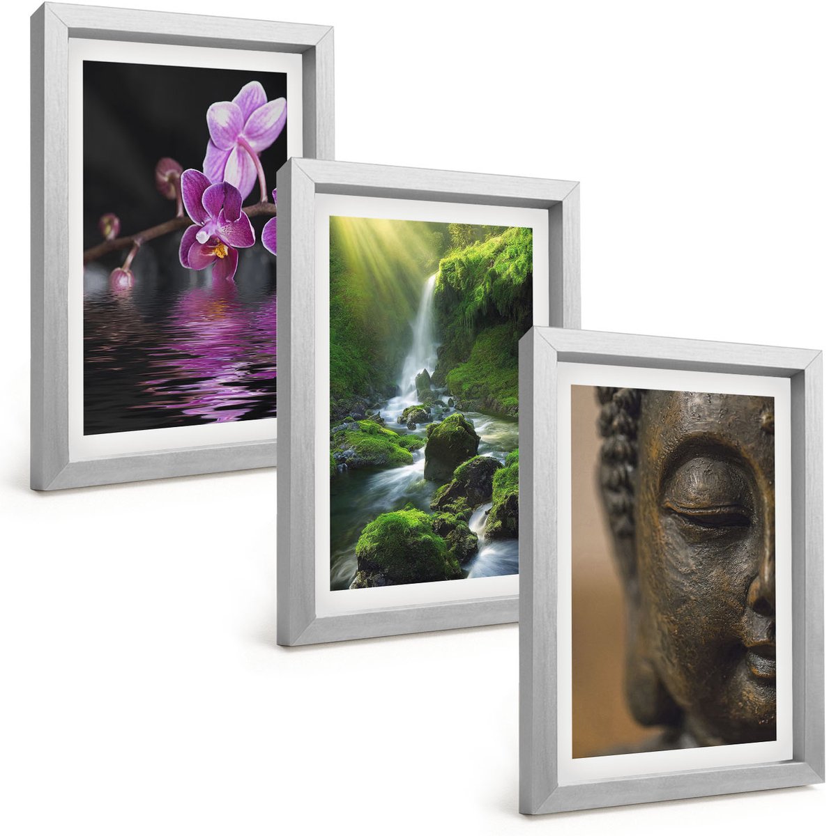 Tulup 4-Delige Schilderij Set - Bloemen in het water, waterval met groene rotsen, Boeddha - 20 x 30 cm - Stijlvolle Muurdecoratie - Slaapkamer