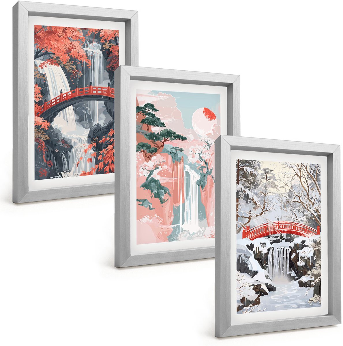 Tulup 4-Delige Schilderij Set - Watervallen in verschillende seizoenen met bruggen en bomen. - 20 x 30 cm - Wanddecoratie - Muurdecoratie - Woonkamer - Interieur Decoratie