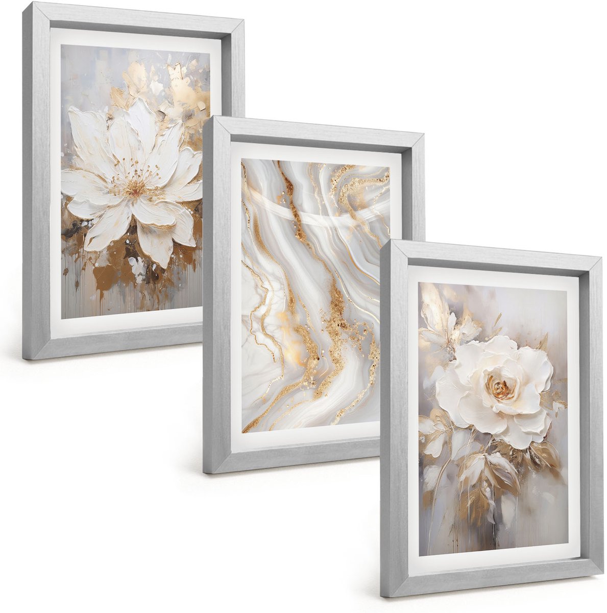 Tulup 4-Delige Schilderij Set - Bloemen en abstract marmerpatroon - 20 x 30 cm - Wanddecoratie - Schilderijen Set - Kantoor - Moderne Wanddecoratie