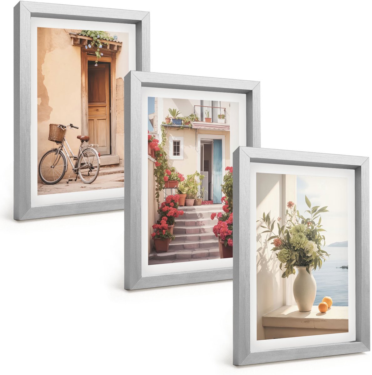 Tulup 4-Delige Schilderij Set - Charmante straatjes langs de kust met bloemen en fietsen. - 20 x 30 cm - Muurdecoratie - Interieur Decoratie - Woonkamer Decoratie