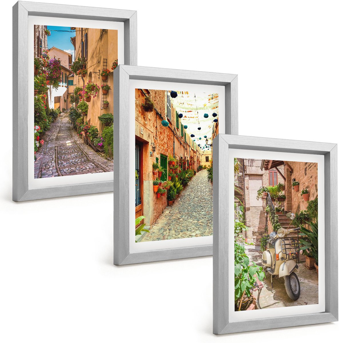 Tulup 4-Delige Schilderij Set - Sfeervolle straatjes met bloemen in een Italiaanse ambiance. - 20 x 30 cm - Wanddecoratie - Muurdecoratie - Woonkamer - Stijlvolle Muurdecoratie