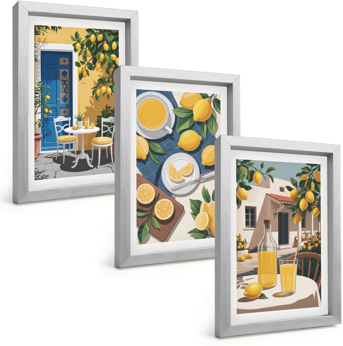 Tulup 4-Delige Schilderij Set - Lemonade, Italiaans uitzicht en een zonnig terras - 20 x 30 cm - Schilderijen Set - Wanddecoratie - Woonkamer - Interieur Decoratie