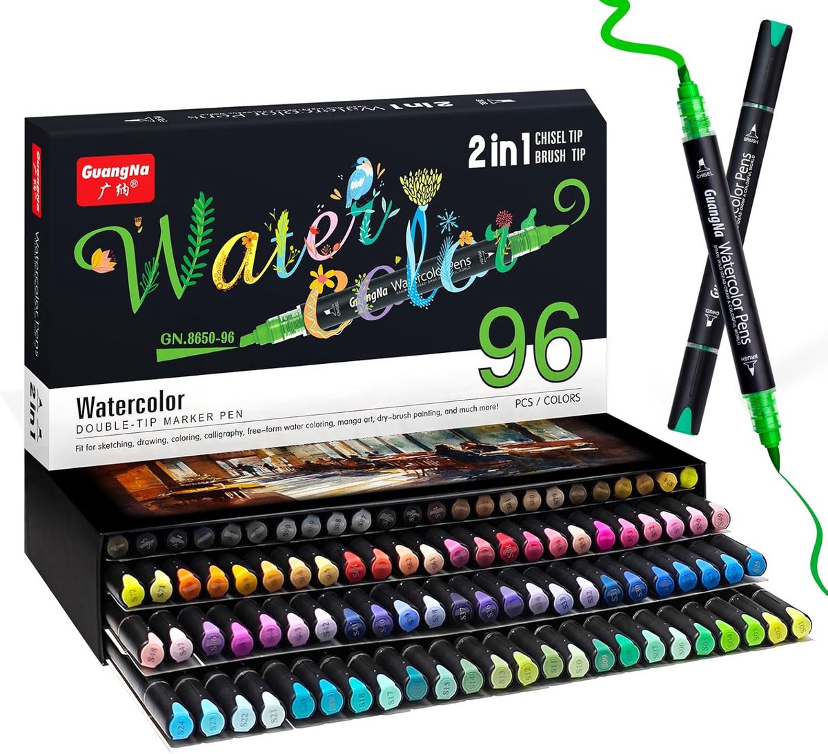 Acryl Waterverf Markers 96 Kleuren - Dubbele Brush Pen Set - Ideaal voor tekenen en illustreren - Sanyetral