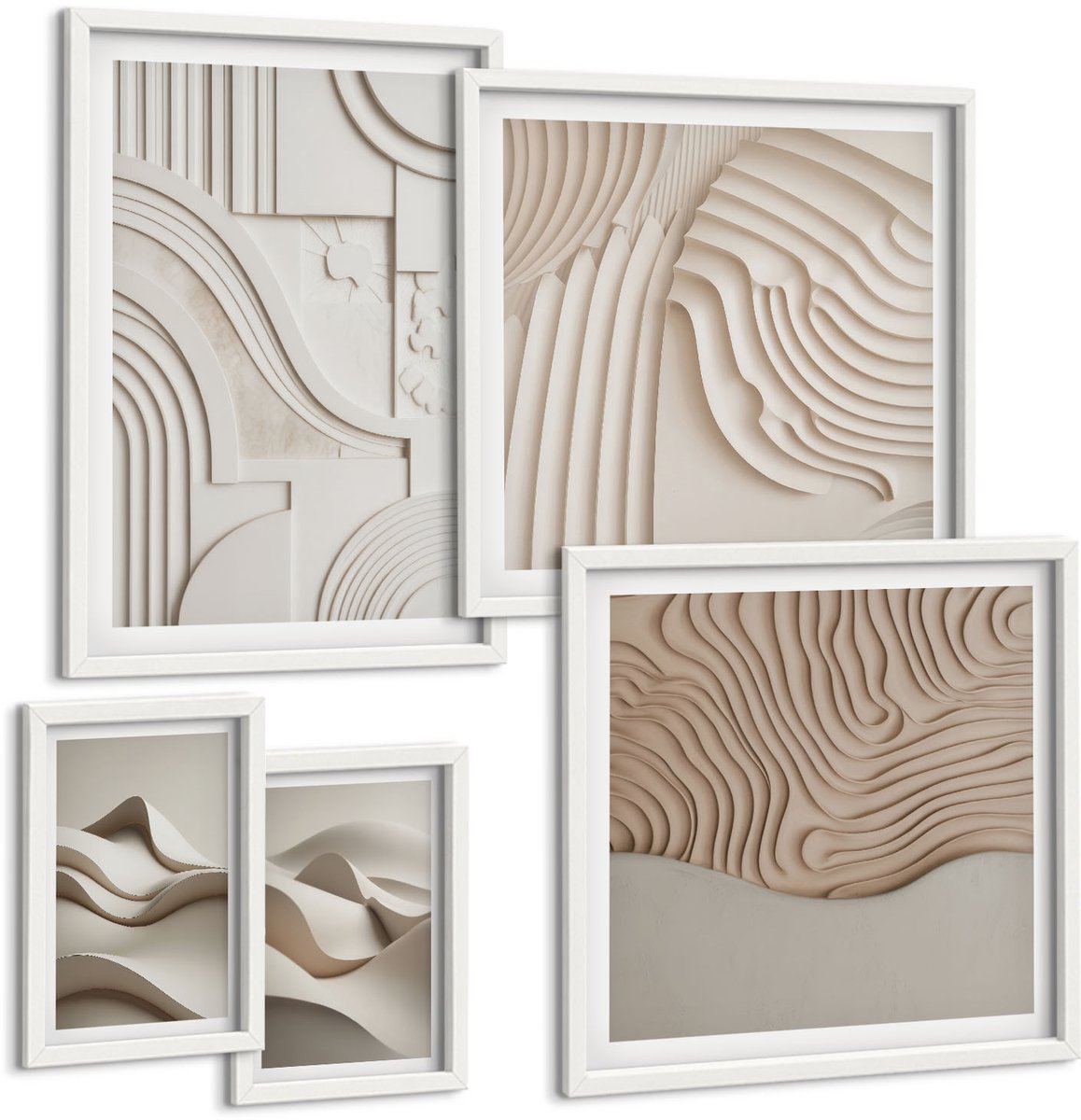 Tulup 4-Delige Schilderij Set - Abstracte structurele vormen in beige en witte tinten. - 50 x 50 cm, 20 x 30 cm en 40 x 60 cm - Stijlvolle Wanddecoratie - Interieur - Interieur Decoratie
