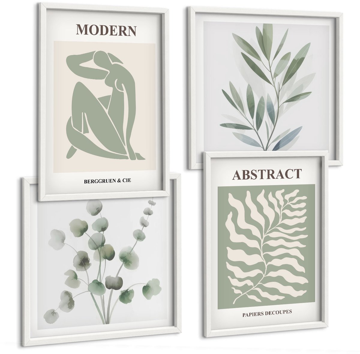 Tulup 4-Delige Schilderij Set - Matisse Design Aquarel Boho Planten - 40x40 en 40x60 - Muurdecoratie - Wanddecoratie - Hal - Decoratieve Schilderijen