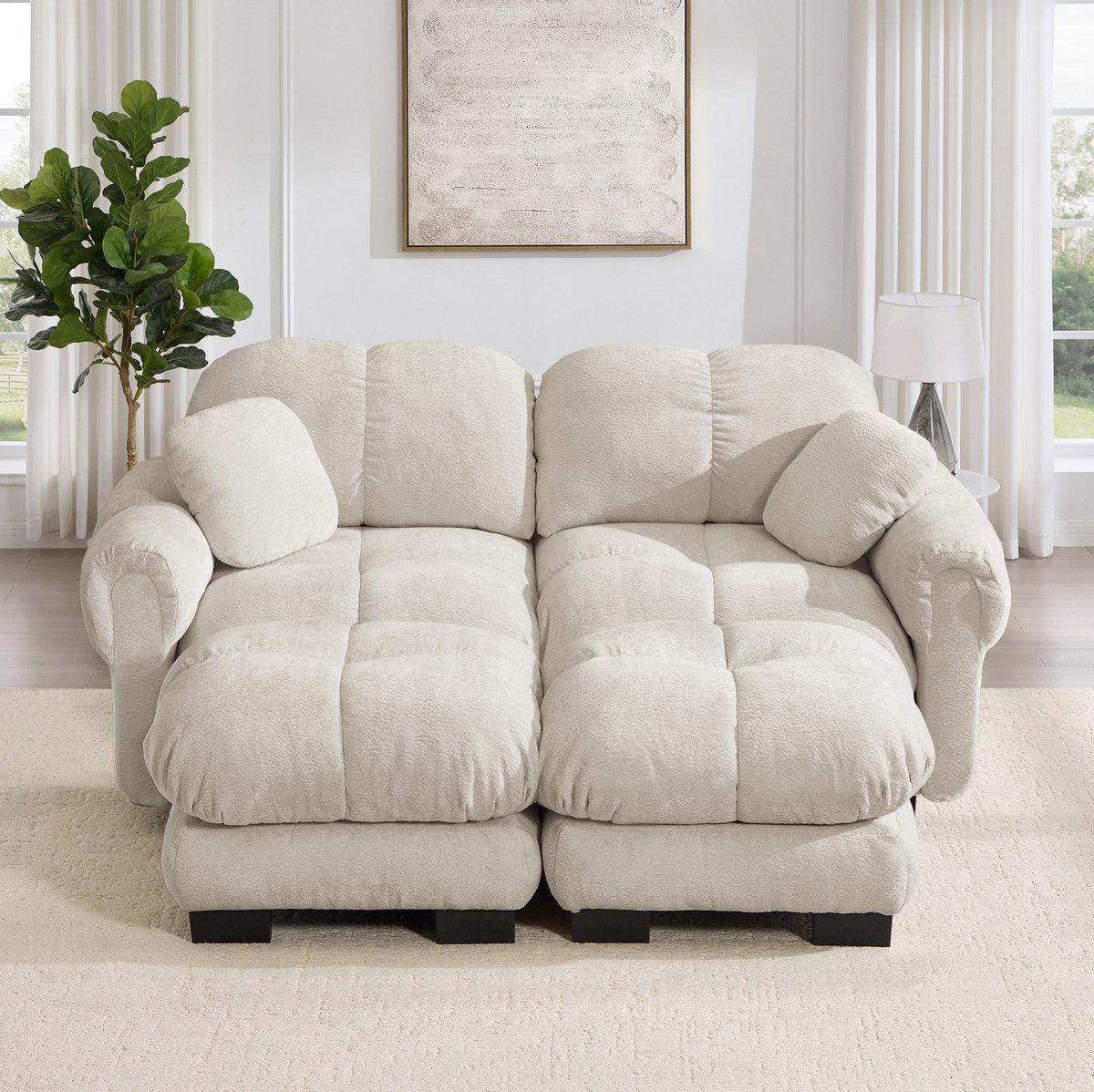 MODENUIT U-bank 190 x 149 x 90 cm - Modulair Met Mobiele Ottomane - Voor Woonkamer - Chenille - Light Khaki